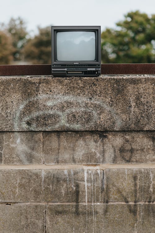 Black old fashioned placed on shabby stone fencing with graffiti in city on street with green trees on blurred background