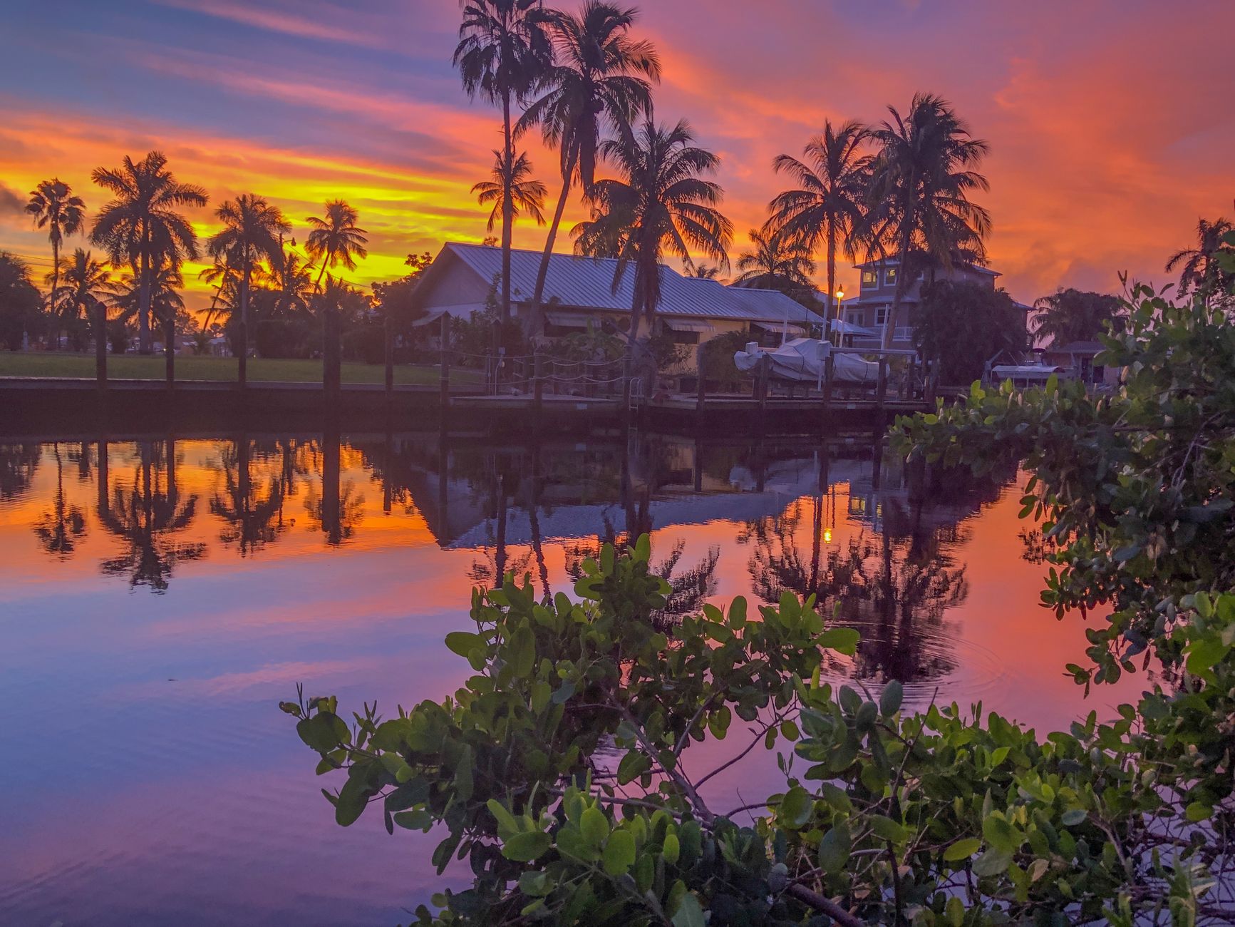 Vibrant sunset over a canal in Florida with palm trees and vivid reflections. — Michael King in Florida