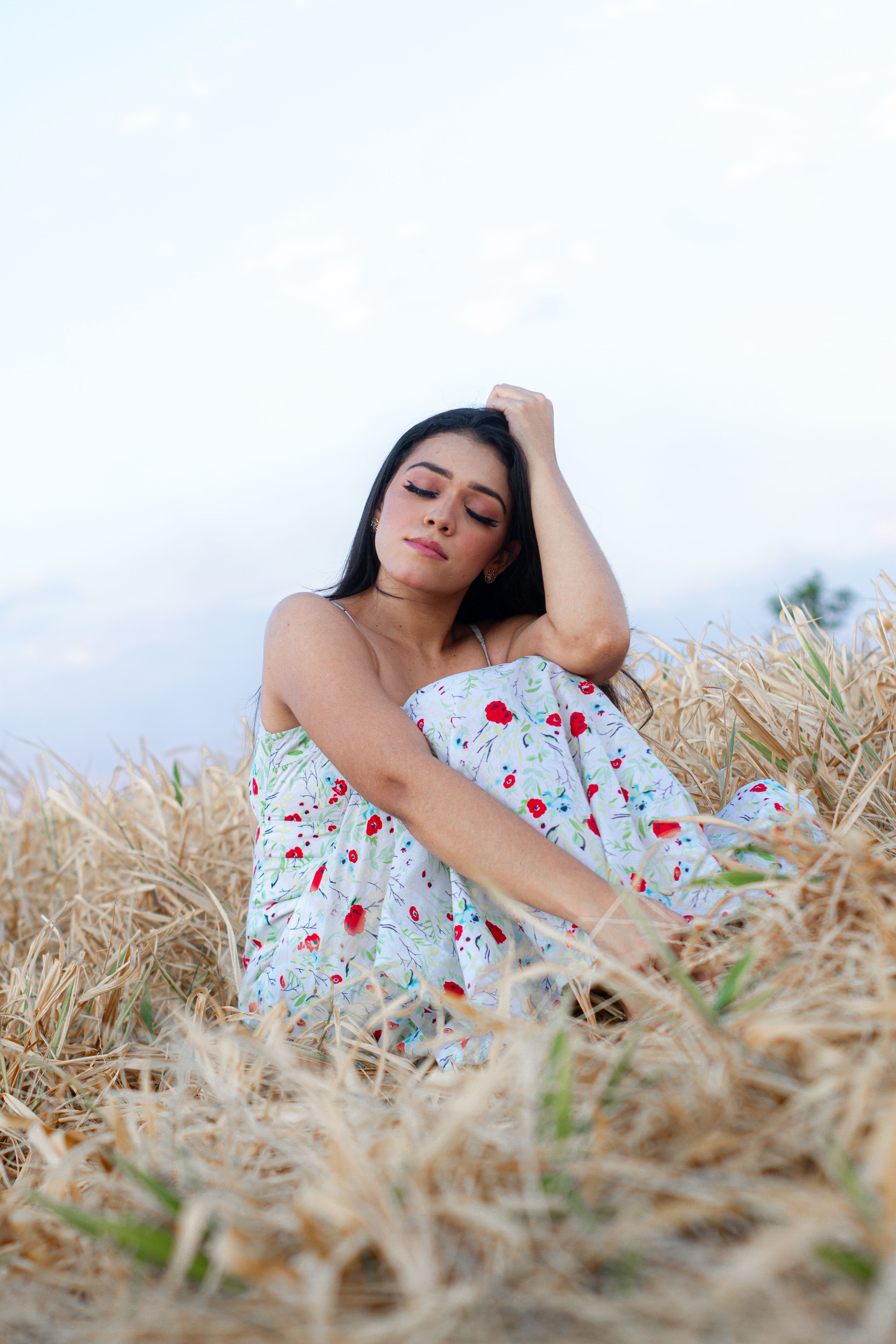 Woman in Dress Sitting on Meadow · Free Stock Photo