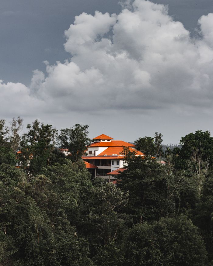 Picturesque house with orange roof nestled among lush green trees in Coorg