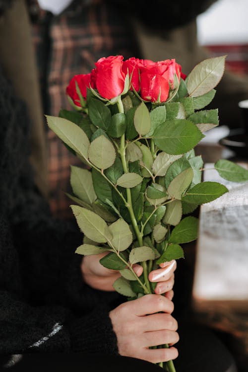 赤いバラの花束を持っている人