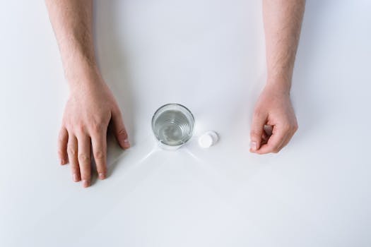 Top-down view of effervescent tablets, glass of water, and hands on a clean white background.