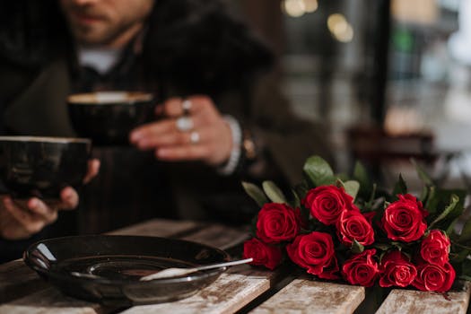 Crop unrecognizable man and woman in stylish outfit drinking coffee in street cafe sitting at table with bunch of elegant red roses