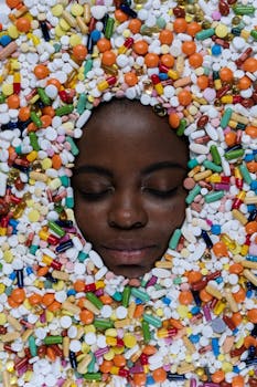 Artistic portrait of a woman surrounded by colorful medication, highlighting themes of health and wellness.