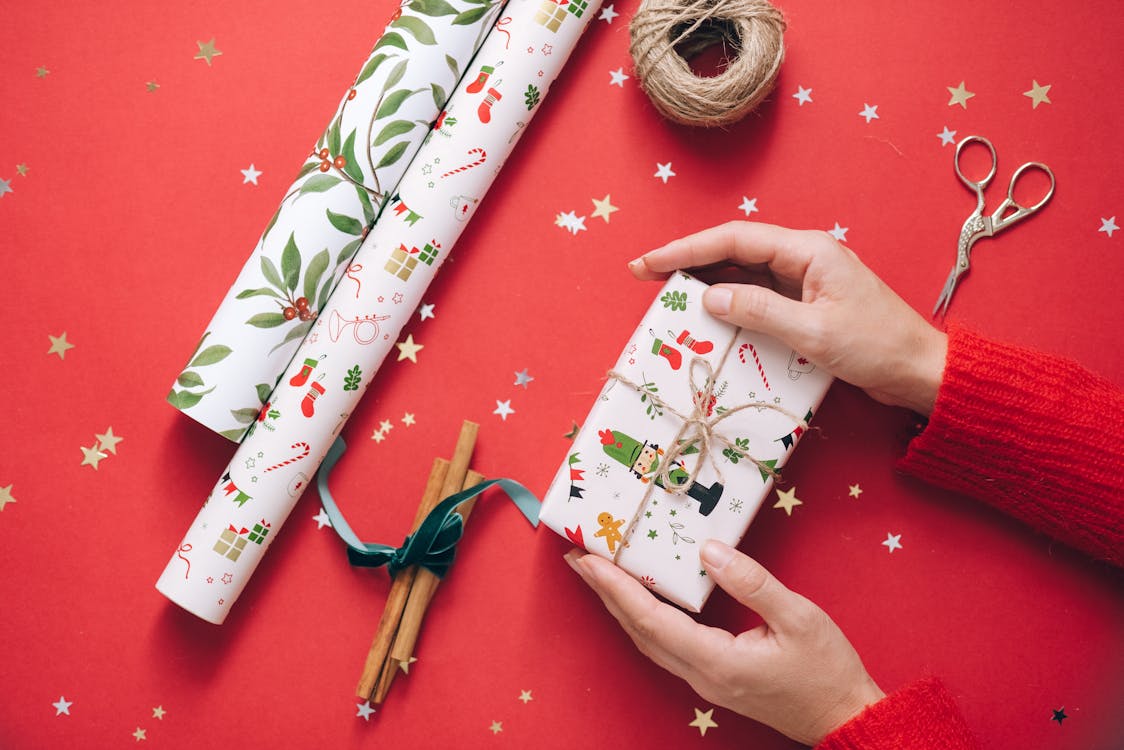 White Green and Red Floral Gift Wrapper