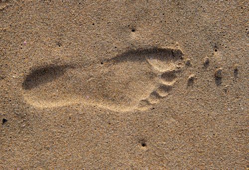 Free Detailed footprint imprinted on sandy beach surface in Amanzimtoti, capturing texture and tranquility. Stock Photo