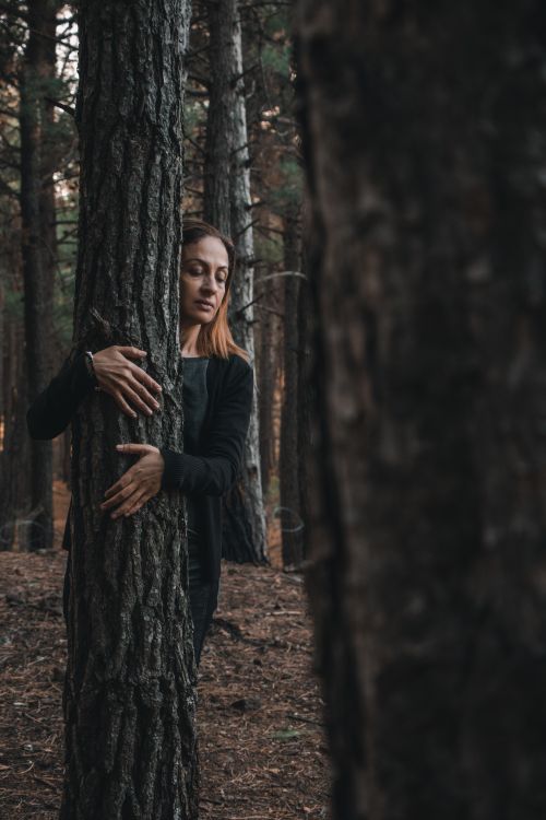 Free A contemplative woman hugs a tree trunk in a forest, conveying solitude and connection with nature. Stock Photo