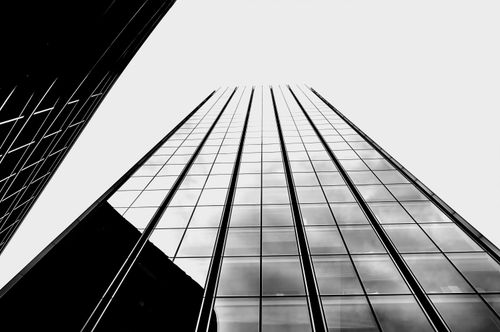 Free Low angle view of modern skyscrapers with reflective glass facade in monochrome. Stock Photo