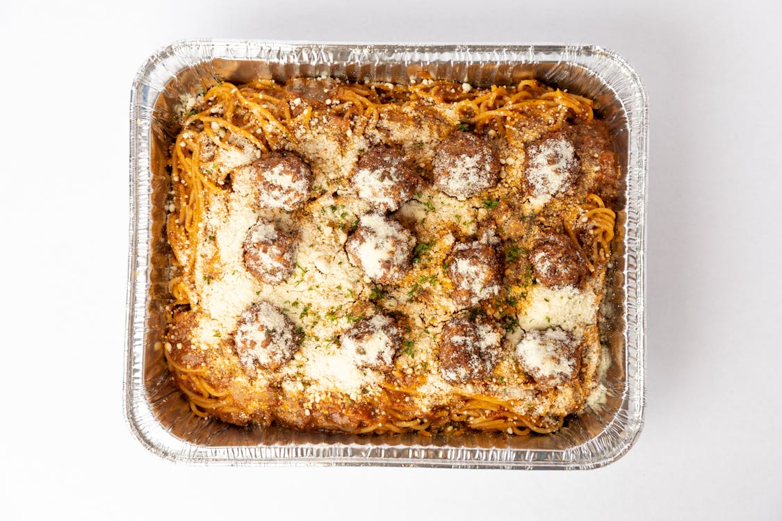 Free Spaghetti with Meatballs on Aluminum Tray Stock Photo