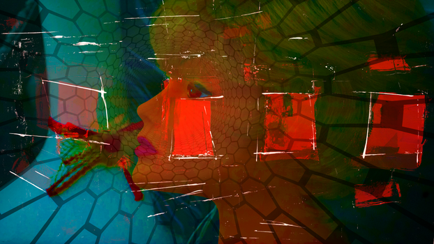 Vibrant abstract artwork featuring a colorful, expressionistic portrait with geometric patterns.