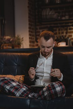 Man in plaid pajamas working from home, balancing comfort and professionalism in a cozy apartment.