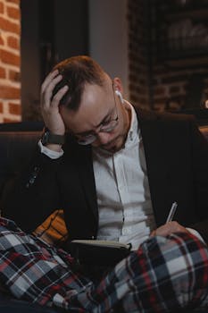 A man in a blazer and pajama pants working remotely, writing in a planner.