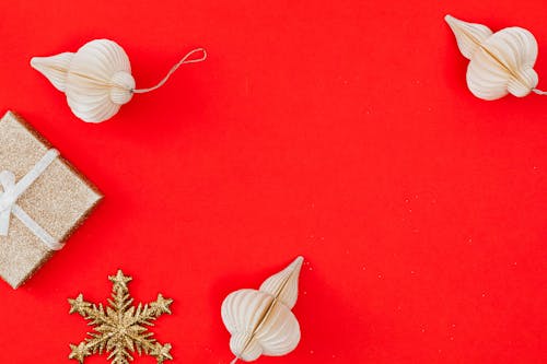 Christmas Ornaments on Red Background