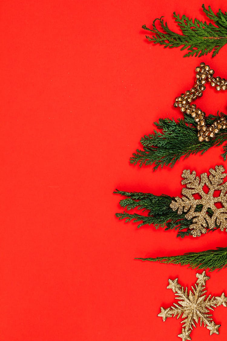 Gold Christmas Decorations And Conifer On Red Background