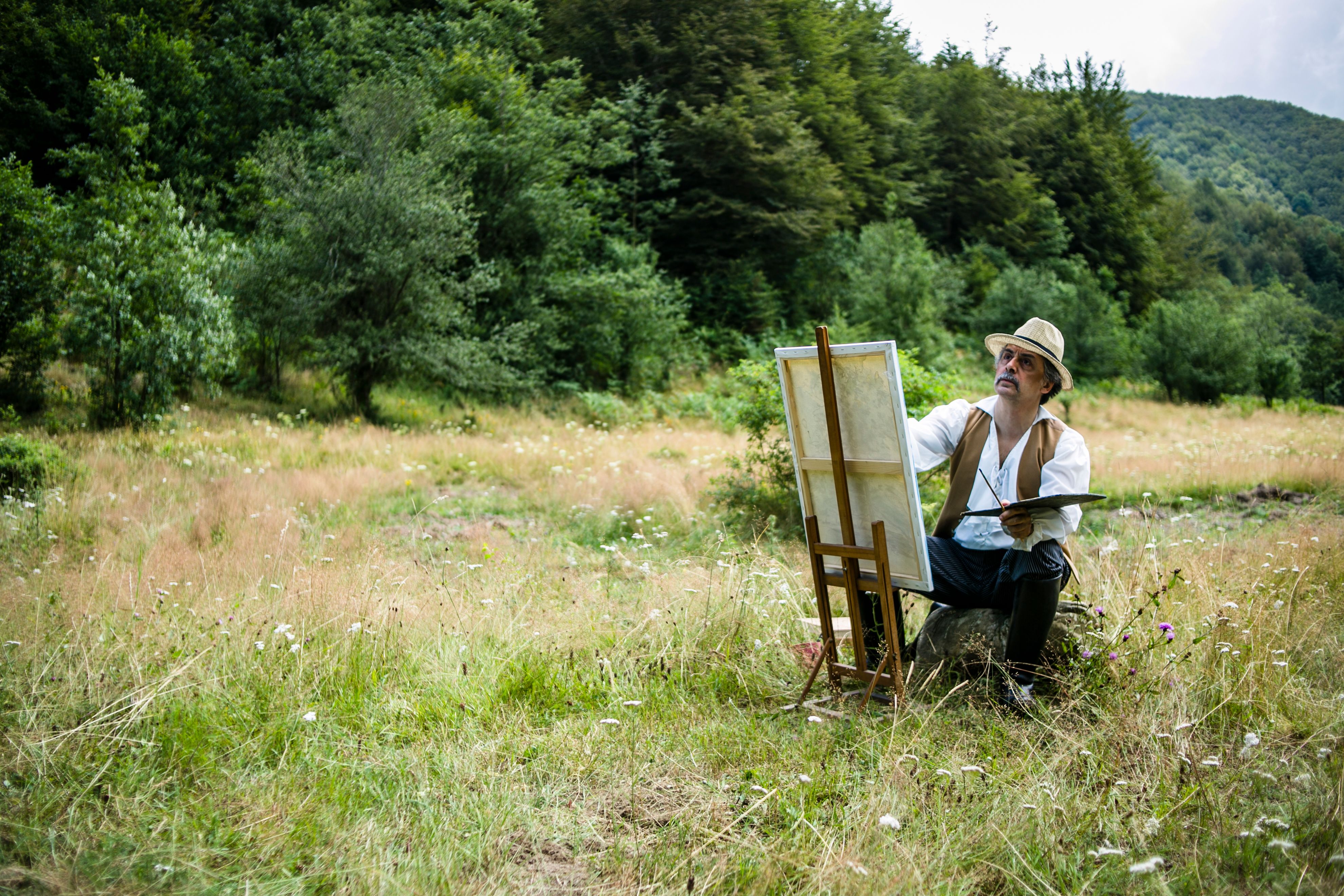 Artist paints in a sunlit meadow, capturing nature's serene beauty.