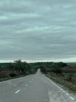A tranquil country road stretches into the horizon under a cloudy sky, surrounded by green meadows.