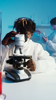 A young scientist in protective gear uses a microscope in a modern laboratory.