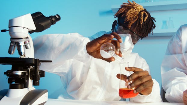 A scientist in a lab coat carefully pouring red liquid into a beaker.