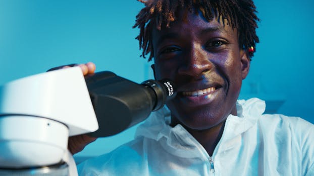Young scientist smiling while using microscope in lab setting.