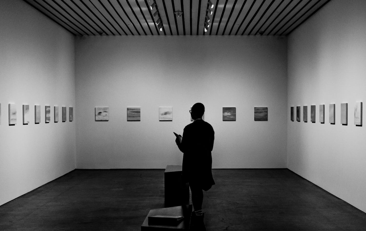 A person observes artwork in a monochrome art gallery exhibition, Cleveland.