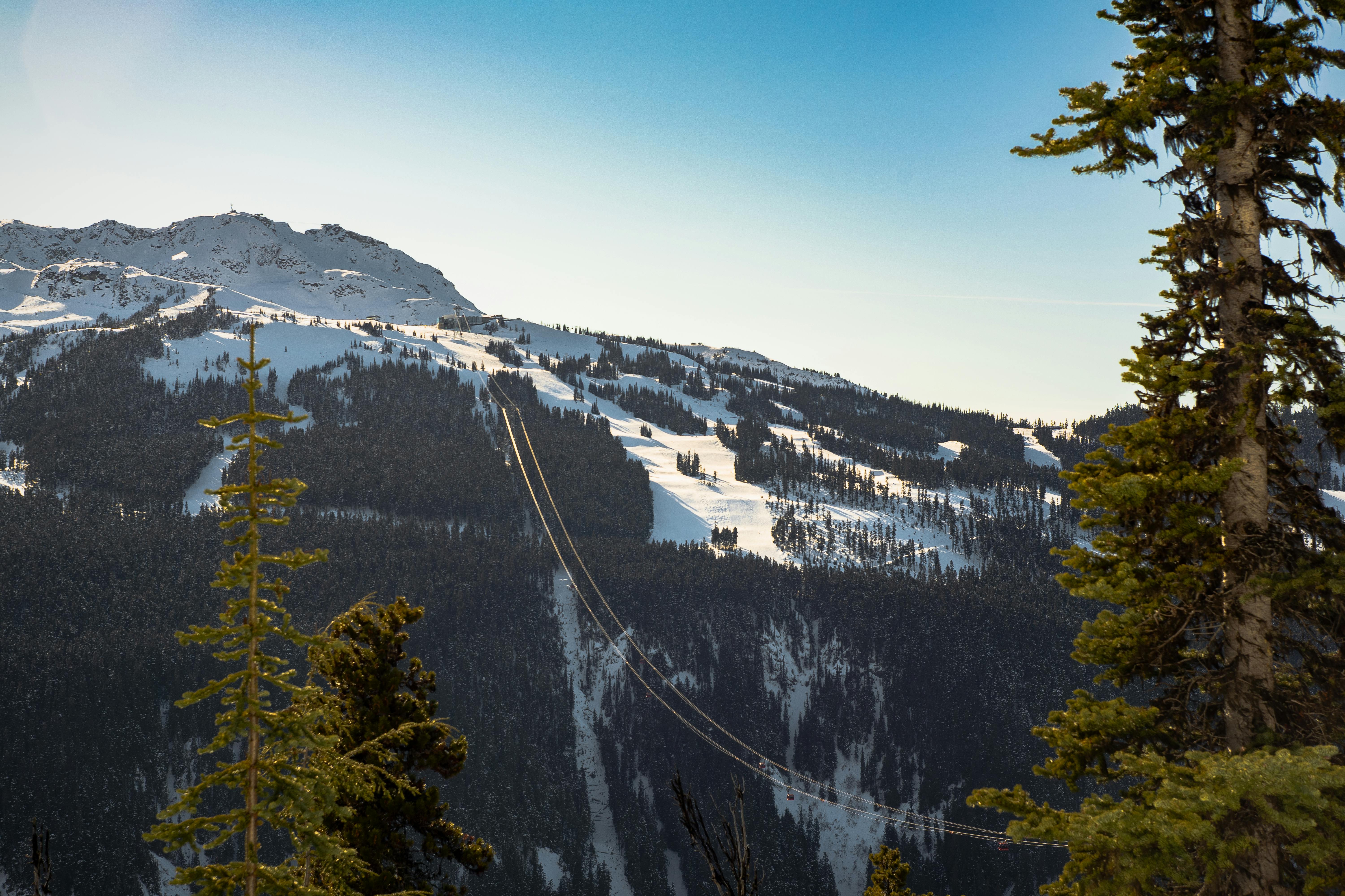 Prescription Goggle Inserts - Stunning view of Whistler mountain with snowcapped peaks and cable cars traversing the forest.