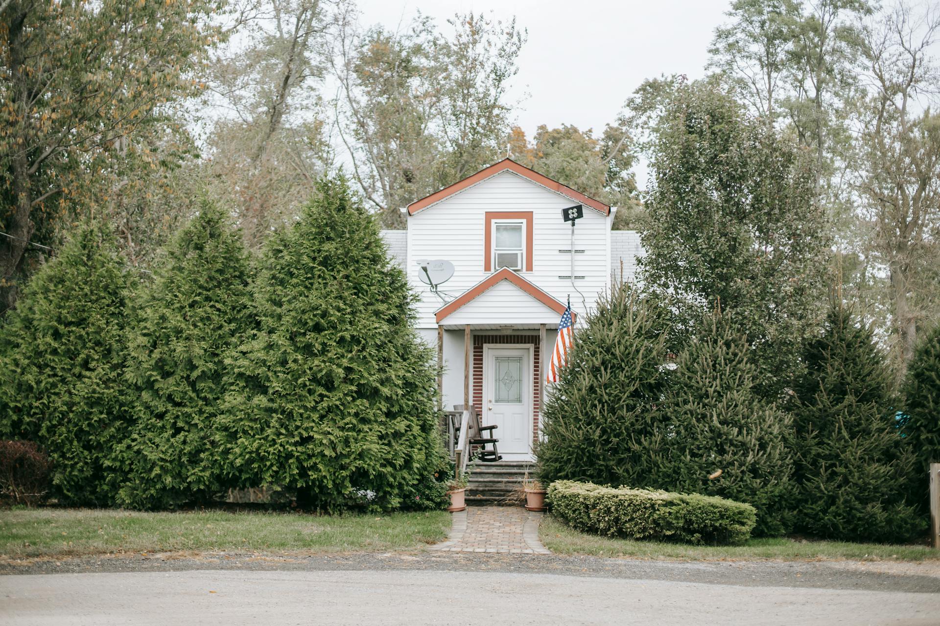 Wooden house with American flag in countryside