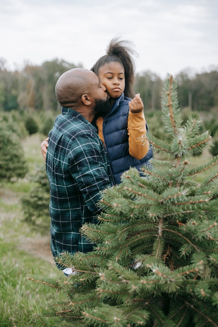 Black Father Carrying Daughter While Standing Between Fir Trees