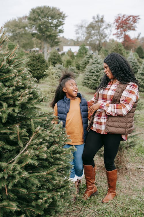 Free Happy black mother and daughter standing near fir tree Stock Photo