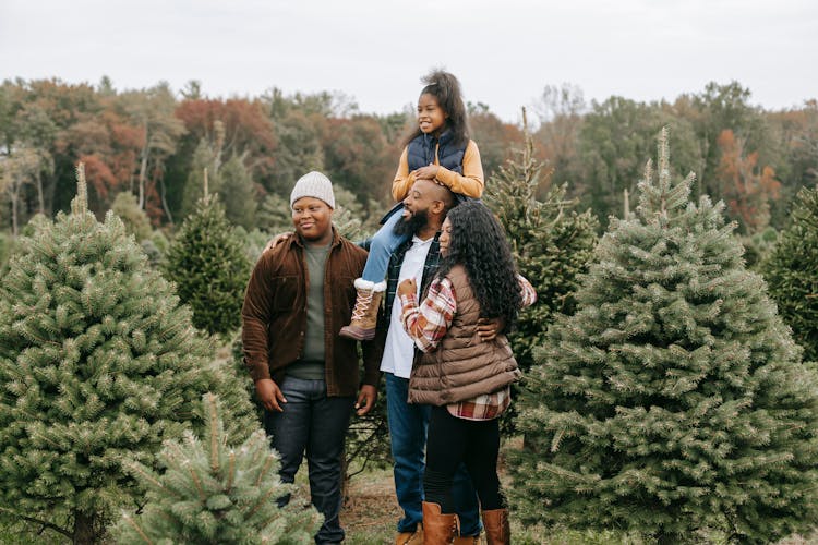 Positive Black Family Preparing For Christmas On Tree Farm