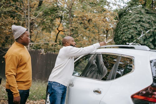 Ethnic man tying fir tree on car roof near son