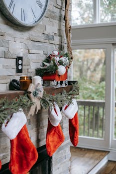 Festive Christmas mantel adorned with red stockings, greenery, and holiday decor, creating a cozy atmosphere.