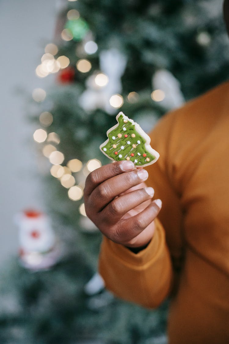 Crop Black Person Showing Gingerbread Cookie During Christmas Holiday