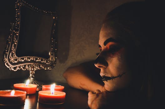 Eerie portrait of a person with Halloween makeup, surrounded by lit candles in a dark room.