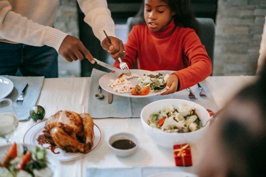 A cozy family dinner setting featuring a man and girl enjoying chicken and salad indoors.