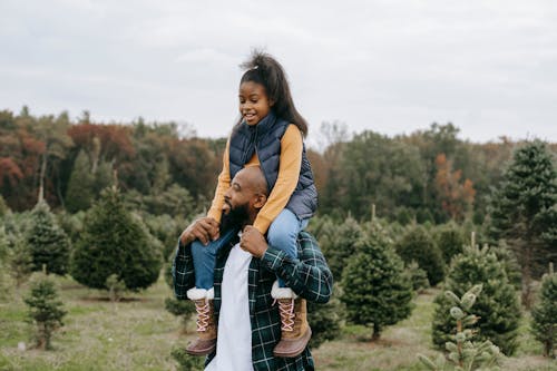 Black father carrying daughter on shoulders in tree farm