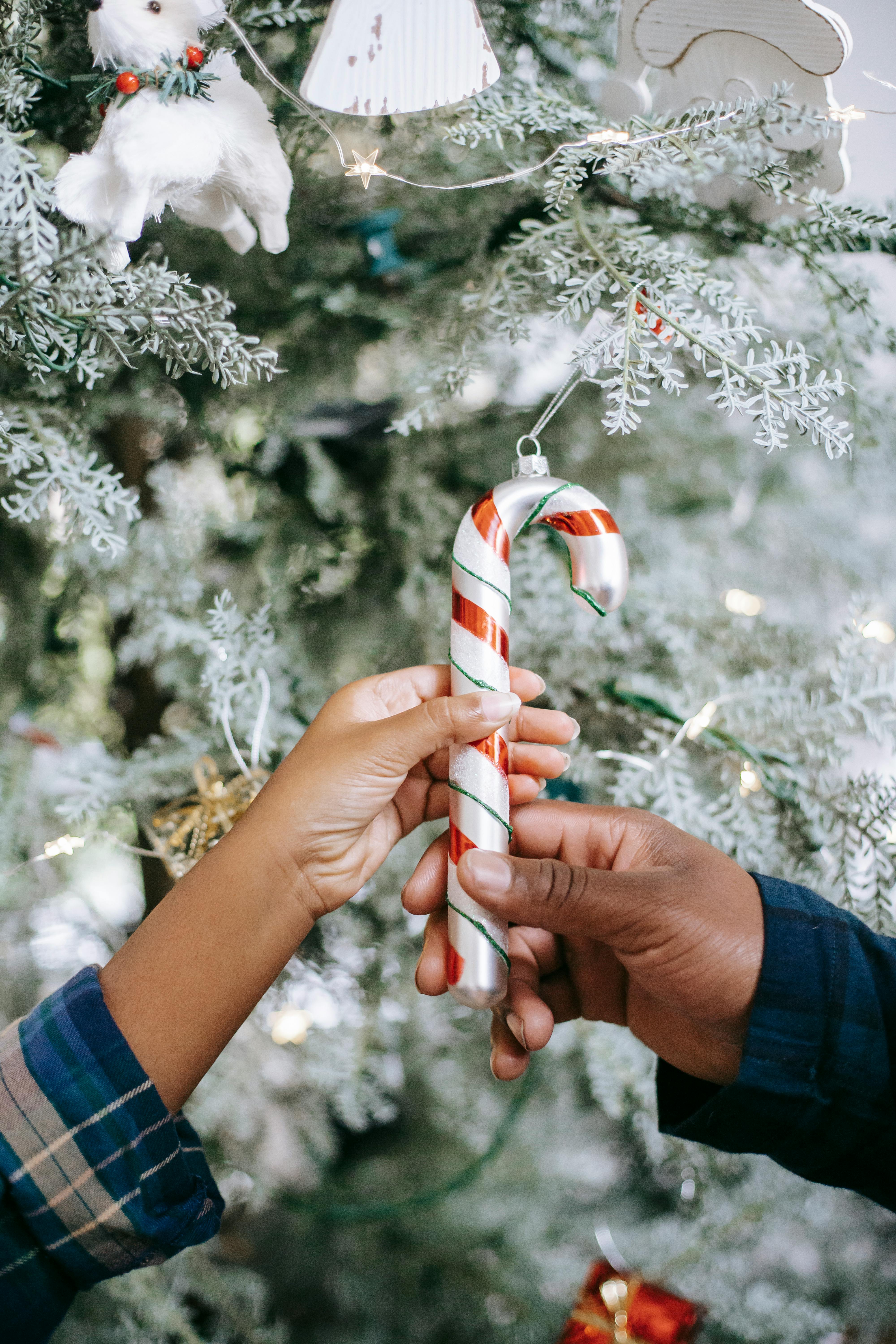 photograph of hands holding a candy cane decoration