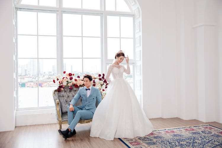 Romantic Newlywed Asian Couple In Luxury Mansion