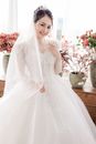 Gorgeous Asian bride standing in wedding studio