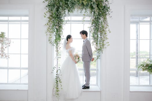 Lovely indoor wedding portrait of an Asian couple standing face to face under decorative greenery.