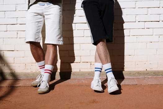 Stylish retro footwear and striped socks against a brick wall in bright sunlight.