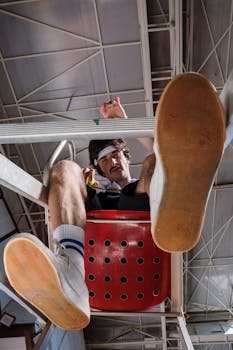 A man with a mustache in retro gym attire looks down from a chair, highlighting his sneakers.