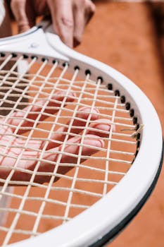 Detailed close-up image of a hand feeling the strings of a tennis racket, ideal for sports equipment themes.