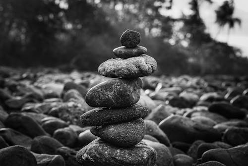 Black and White Photograph of a Stack of Stones