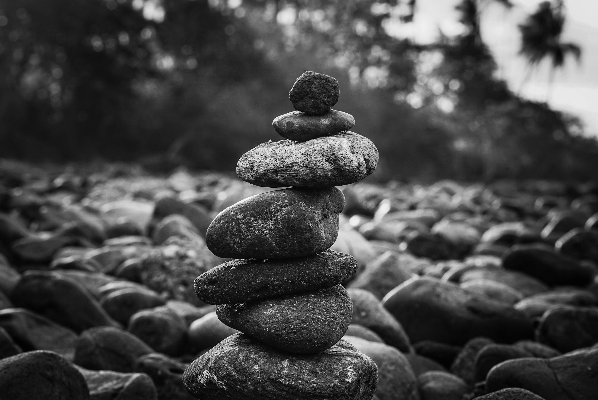 Black and White Photograph of a Stack of Stones