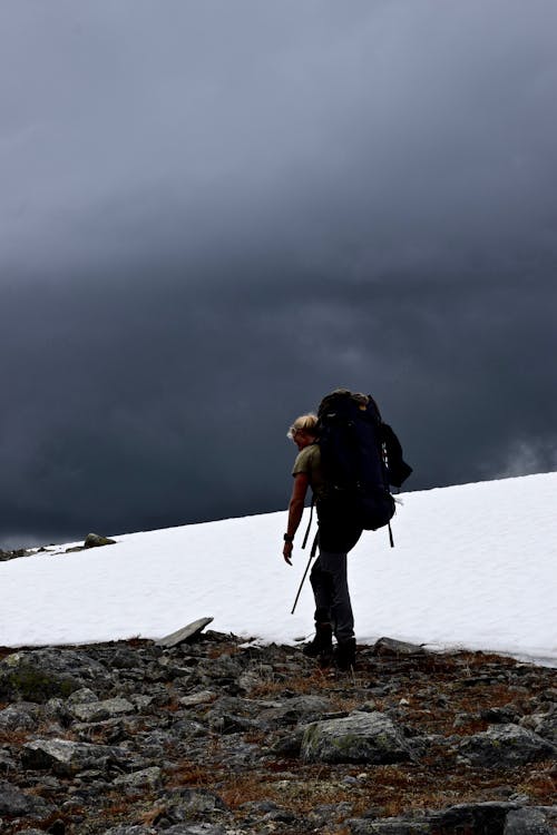 Photo of a Man with a Black Backpack Hiking