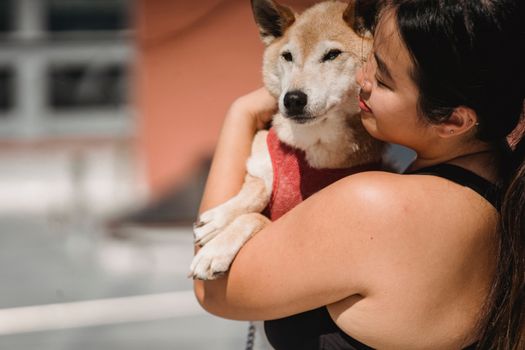 阳光明媚的户外，一名女子深情地拥抱着她的柴犬，捕捉到了温柔的时刻