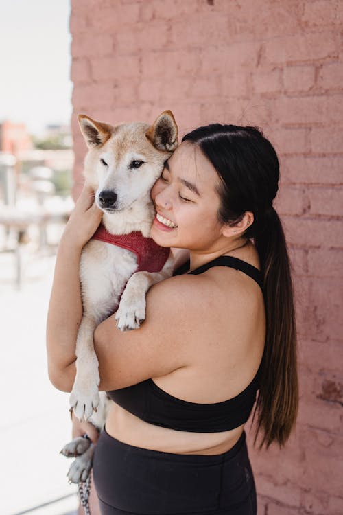 很高興再加上大小的亞洲女人微笑著擁抱柴犬