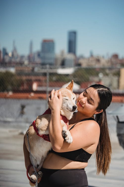 年輕的亞洲加上大小的女人抱著柴犬