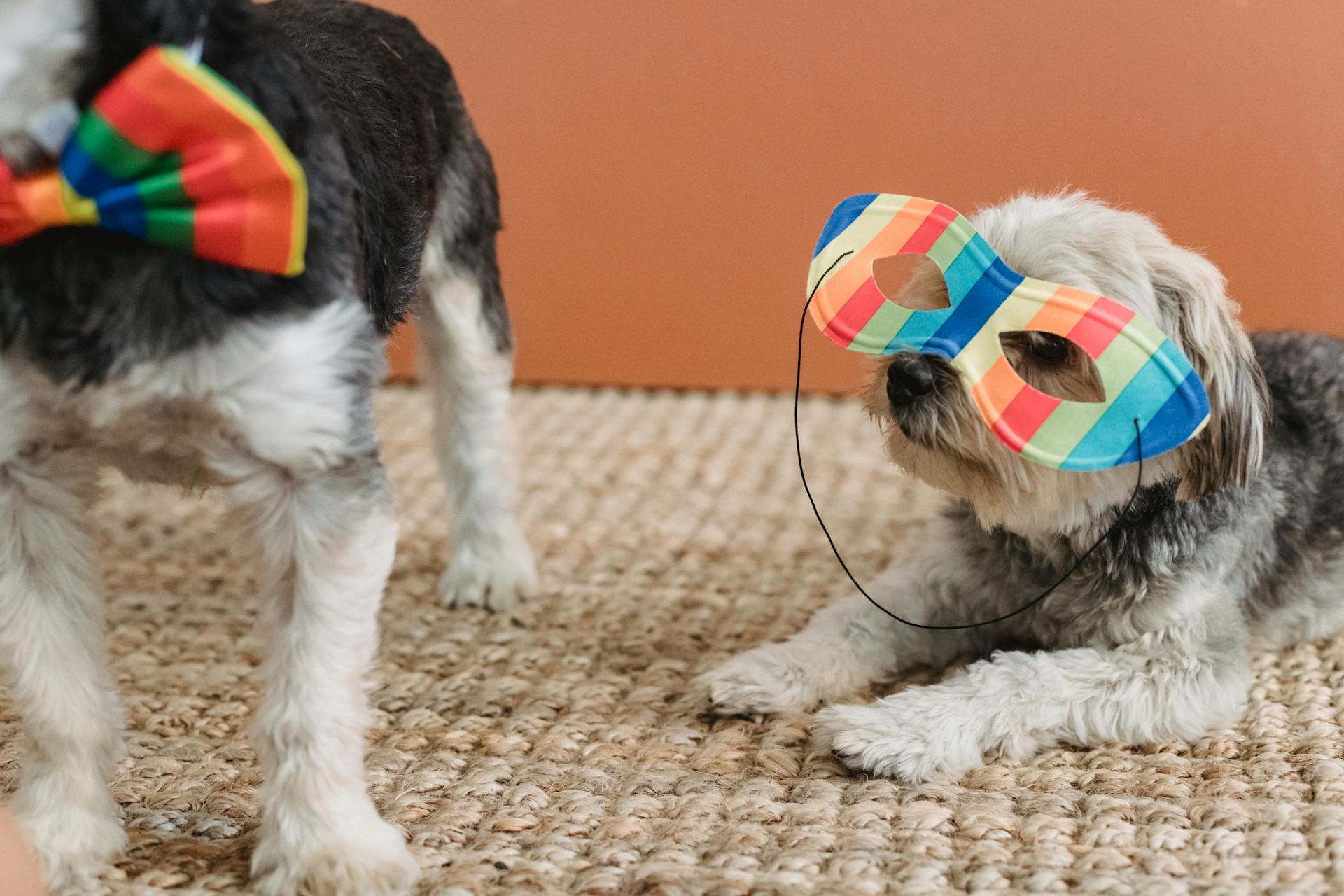 Des petits chiens avec des accessoires festifs colorés se reposent à la maison