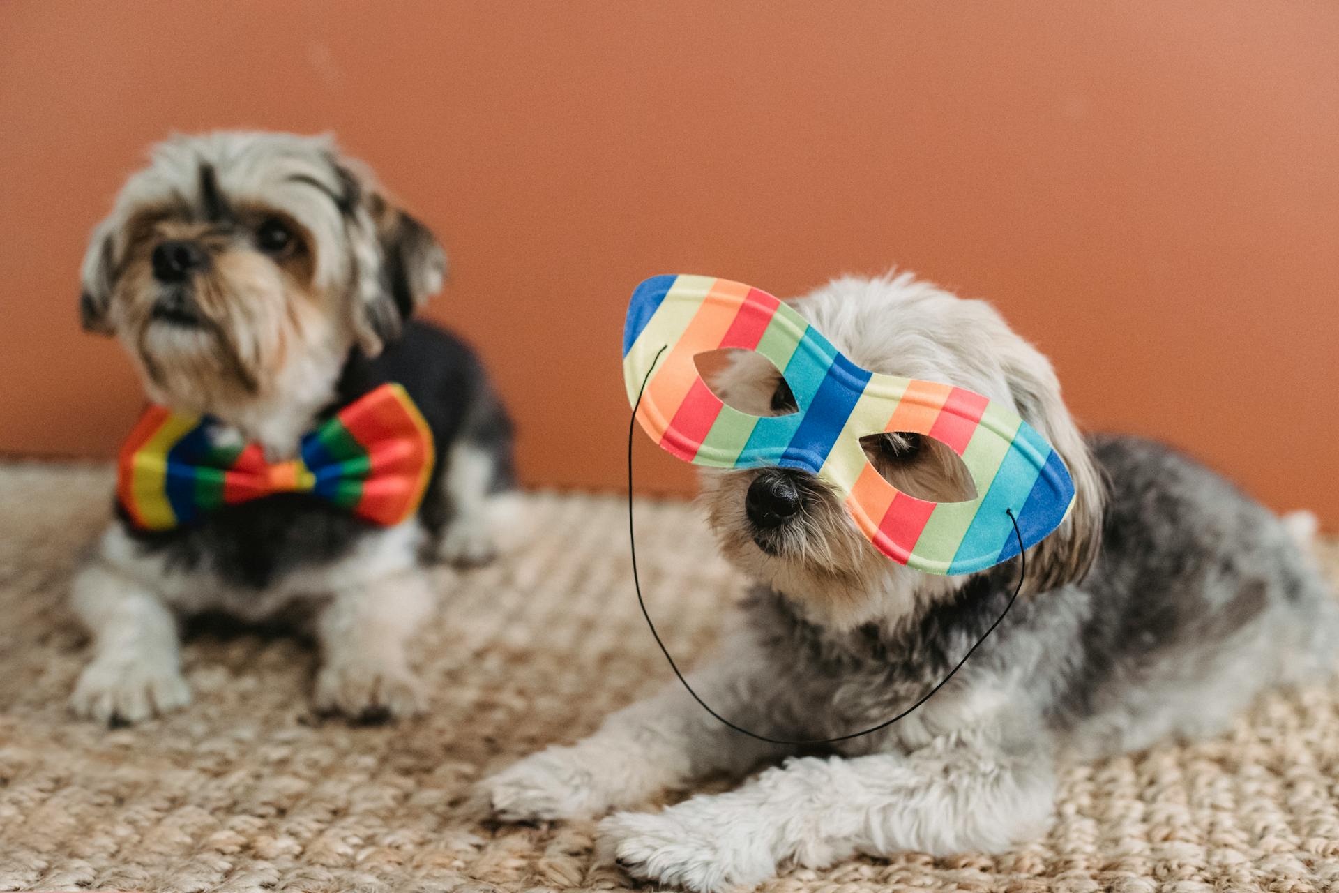 Des Yorkshire Terriers de race pure obéissants dans des accessoires festifs multicolores allongés sur un tapis sur un fond brun dans une pièce éclairée